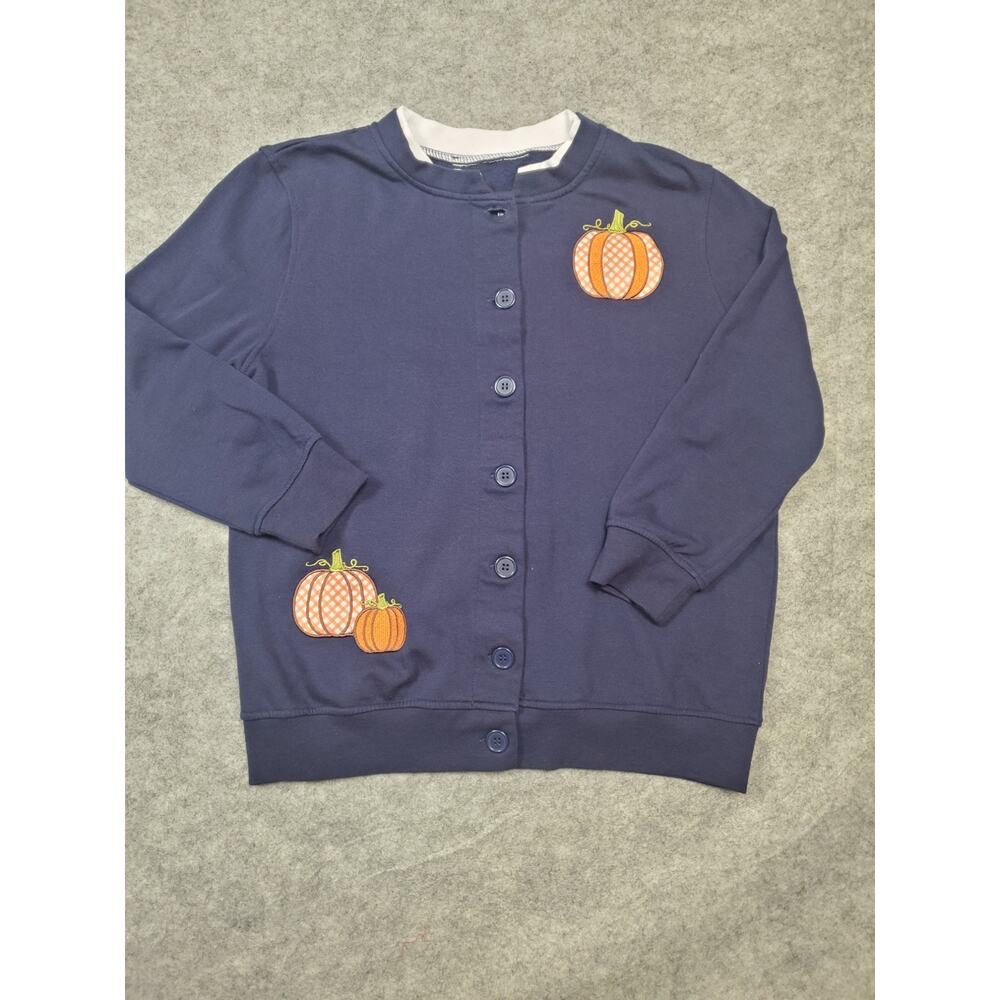 Women's Small Navy Blue Fall Pumpkin Embroidered Button Up Sweatshirt Cardigan